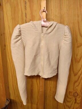 SY Fashion Beige Textured Cropped Zip Up Hoodie Puff Shoulder Sleeve Medium